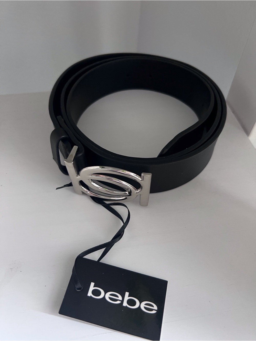 Bebe Black Leather Belt with Silver Signature Buckle